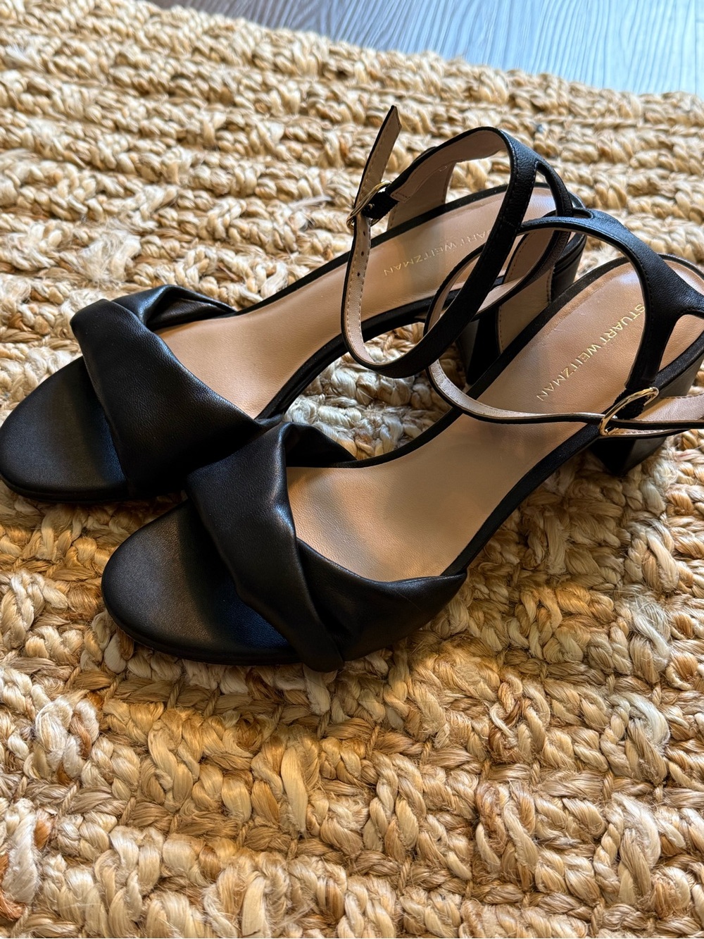 Stuart Weitzman Black Knotted Leather Ankle-Strap Sandals